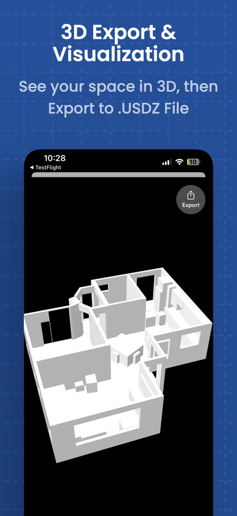 Room Wizardアプリ内の3D建築間取り図モデル。USDZファイル機能へのエクスポートを示しています。