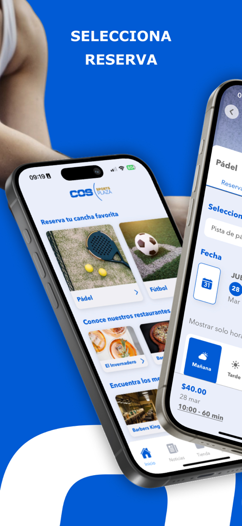 COS Sports Plaza - Pantallas de la aplicación móvil COS Sports Plaza para reservar canchas de pádel y fútbol.