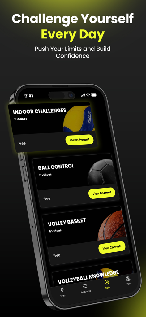 VolleyTrain app displaying indoor volleyball challenges and ball control training