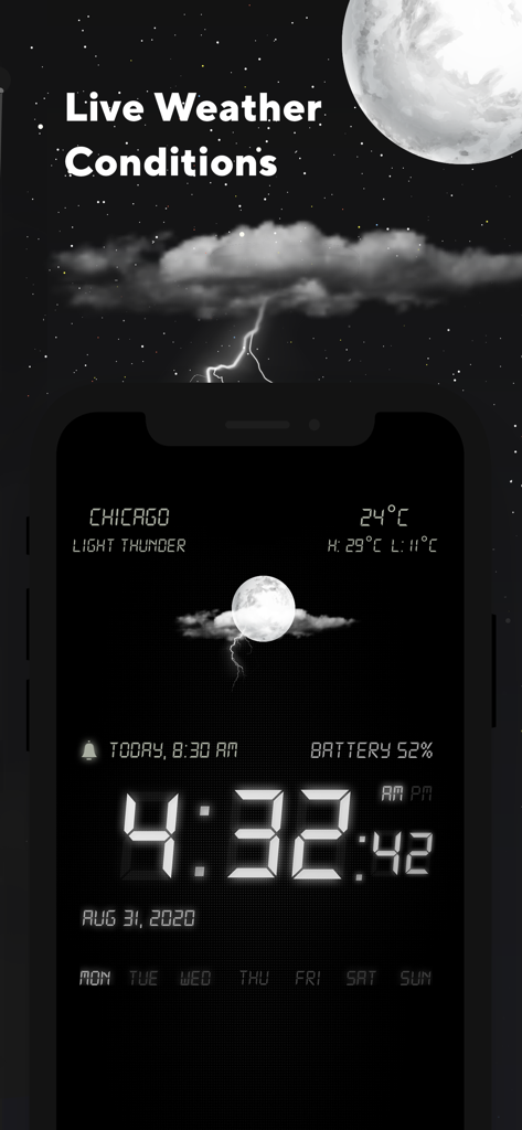 Alarm Clock: Music Sleep Timer - Digital alarm clock app showing live weather conditions in Chicago