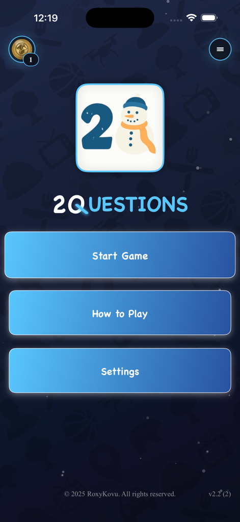 Main menu of the 2Q 20 Questions app featuring a winter snowman theme and game navigation buttons