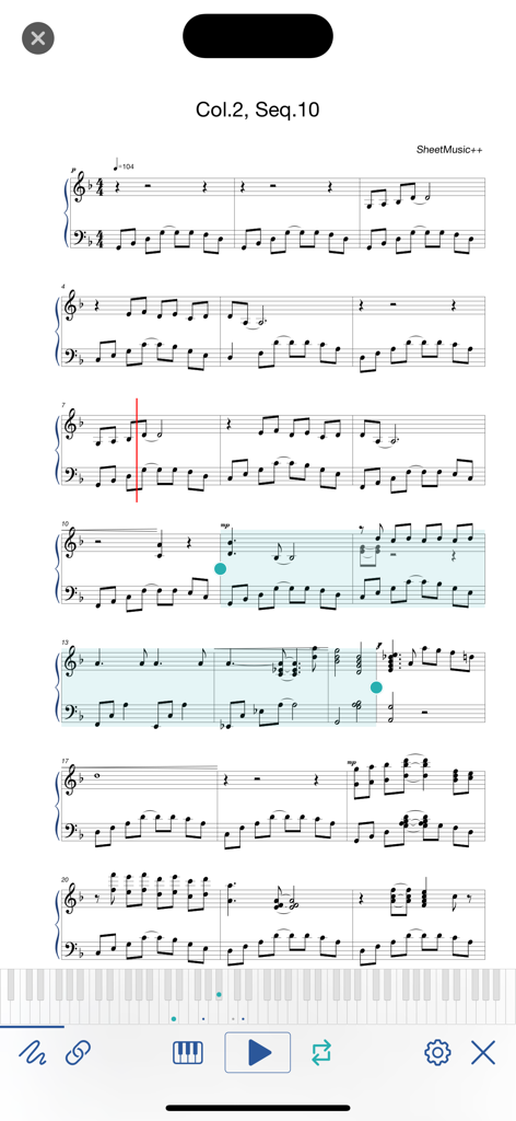 Music Reader -Sheet Music Note - Sheet music reader app interface with interactive score and piano keyboard playback.