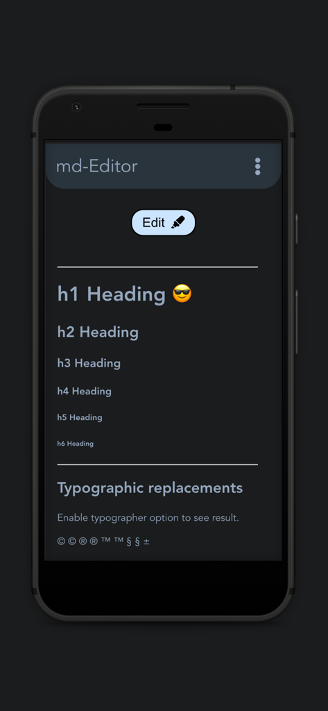 Markdown Editor and Reader - Interface of the Markdown Editor and Reader app displaying rendered headings and typographic symbols in dark mode