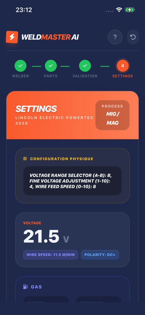 Weldmaster AI - Aplicativo Weldmaster AI mostrando configurações profissionais de soldagem MIG para uma máquina Lincoln Electric