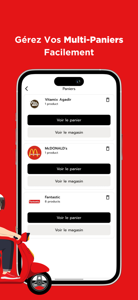 Fantastic: Orders Delivery - Interfaz de la aplicación Fantastic que muestra la función de gestión de carritos múltiples para diferentes tiendas locales.