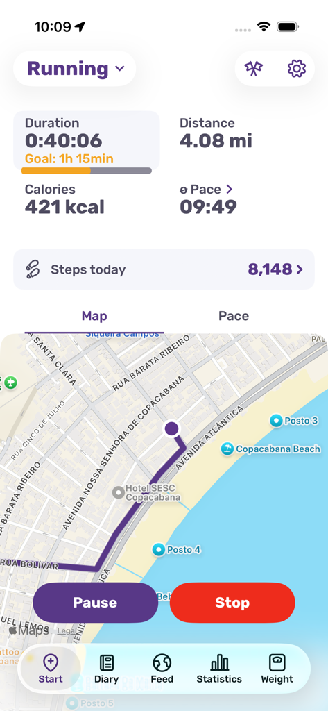 FITAPP mobile app screen showing a running session with GPS map and workout metrics like distance and calories