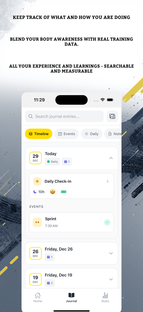 Athlog - Athlog app journal screen showing a timeline of training events and daily wellness check-ins