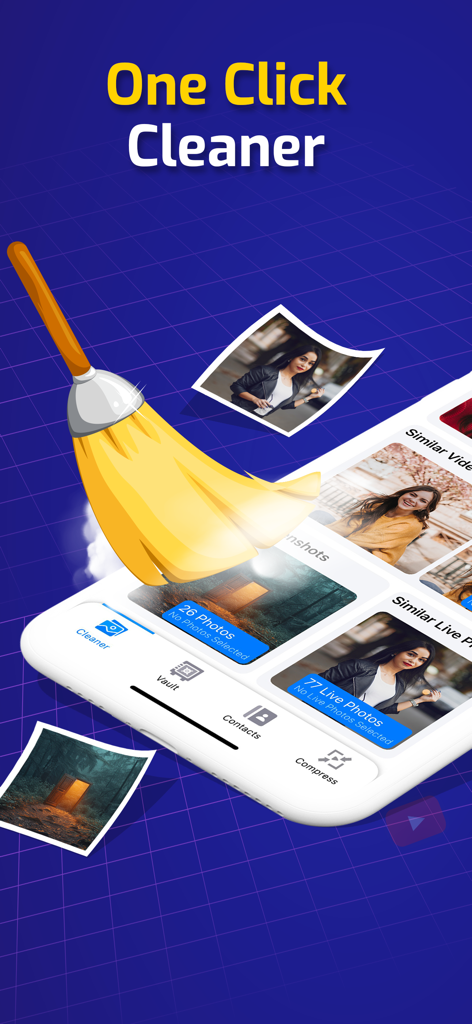 Interfaz de la aplicación ZCleaner mostrando una escoba barriendo fotos con el texto Limpieza con un clic