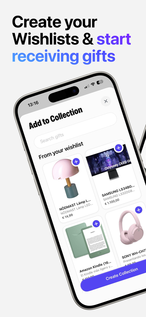 Mobile Ansicht der Throne-App, die zeigt, wie ein Creator Artikel wie eine Lampe und Kopfhörer zu seiner Geschenk-Wunschlisten-Sammlung hinzufügt.