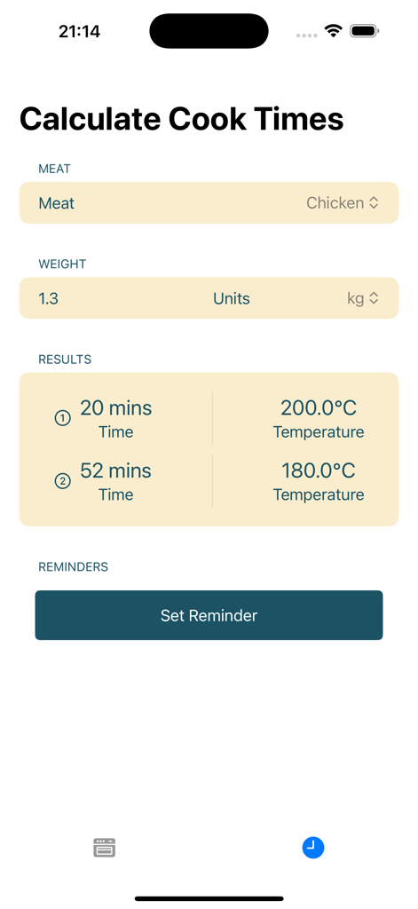 Cook Times Calculator - App interface for calculating roast chicken cook times and temperatures based on weight with a set reminder button