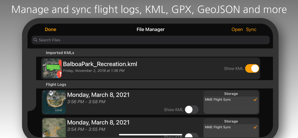 Map Pilot Pro-Oberfläche zur Verwaltung und Synchronisierung von Drohnenflugprotokollen und KML-Dateien