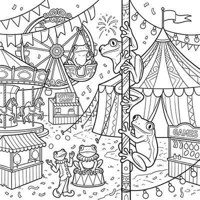 Join a lively group of tree frogs as they explore a festive carnival in this enchanting coloring page. Perfect for anyone who loves unique animal themes and intricate fairground scenes.
