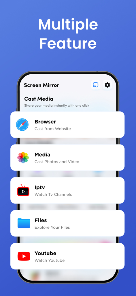 Screen Mirroring・Smart TV Cast - Mobile app interface showing various casting features including browser media iptv and youtube