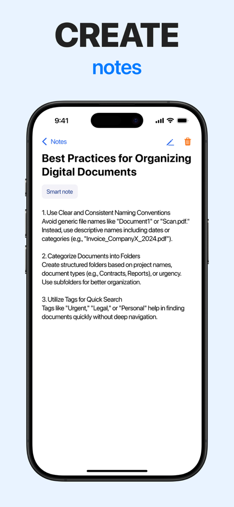 eSign — Fill & Sign Documents - Interfaz de la aplicación móvil eSign mostrando la función de Notas Inteligentes con consejos de organización de documentos digitales.