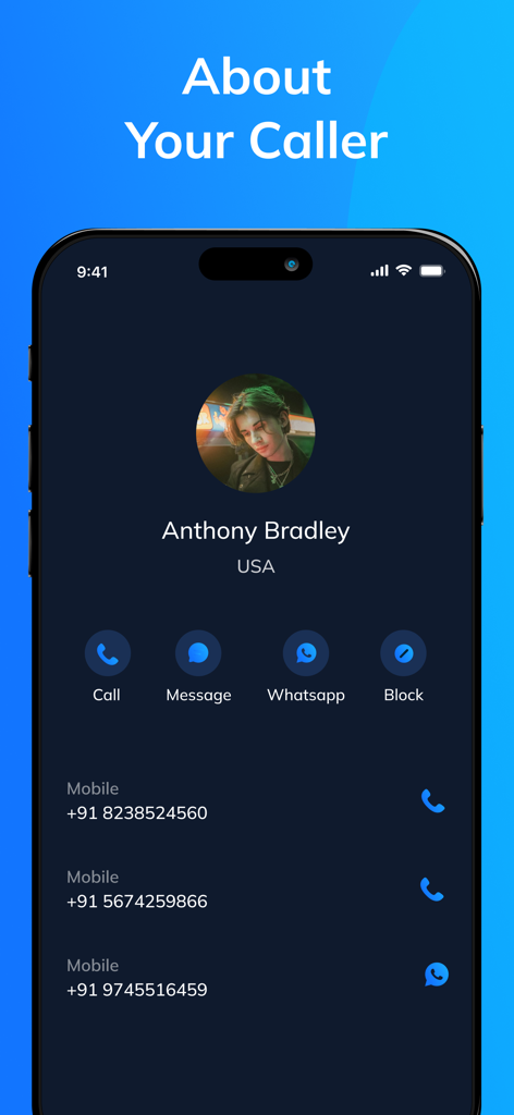 A smartphone screen displaying caller identification details for a contact named Anthony Bradley