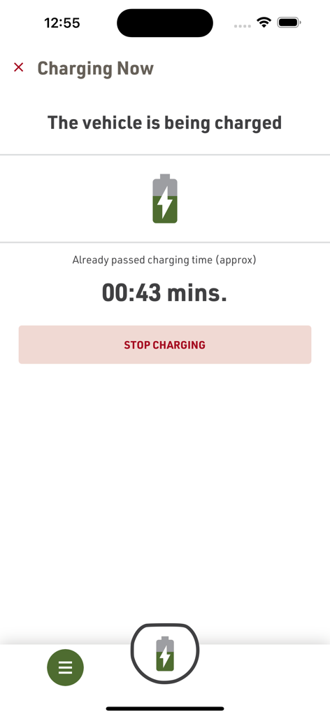 M-Charge - M-Charge App-Oberfläche mit dem Status des Ladevorgangs für Elektrofahrzeuge und der verstrichenen Zeit