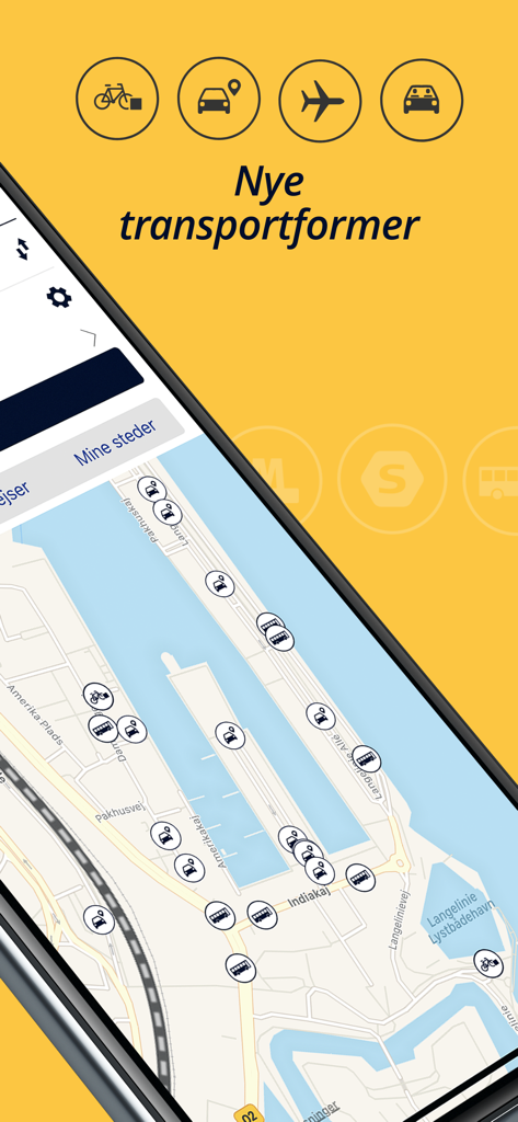 Rejseplanen - Interface de l'application Rejseplanen affichant une carte avec des icônes pour les vélos, les voitures et les transports en commun