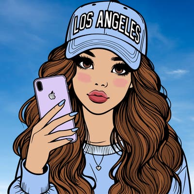 realistic beautiful girl wearing los ángeles cap holding an iphone