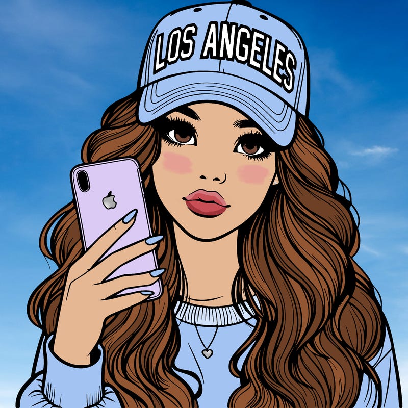 realistic beautiful girl wearing los ángeles cap holding an iphone