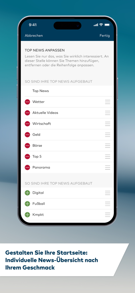 Interfaz de la aplicación WELT News para personalizar el feed de noticias en la pantalla de inicio