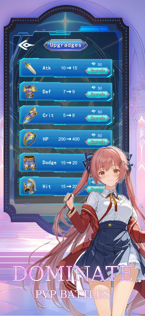 Epic Girl:Idle Adventure - Anime girl character next to a menu showing character stat upgrades for attack defense and critical hits for PVP battles