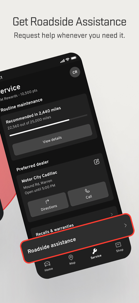 myGMC - A screenshot of the myGMC app showing the roadside assistance feature and vehicle maintenance status