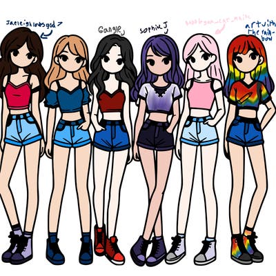 a group of girls wearing crop tops and shorts
