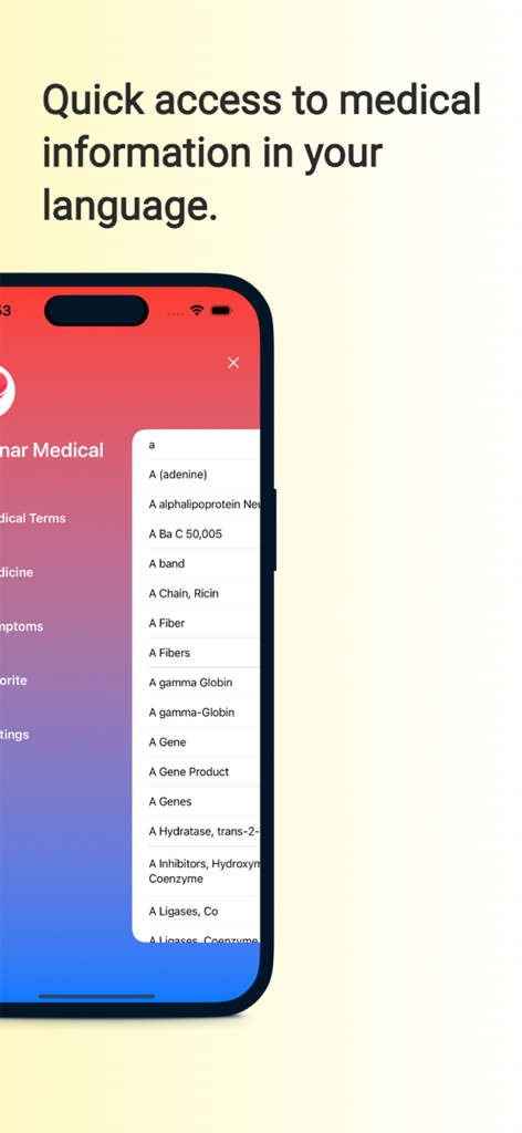 Search interface of the Medical Dictionary app showing a list of medical terms starting with the letter A
