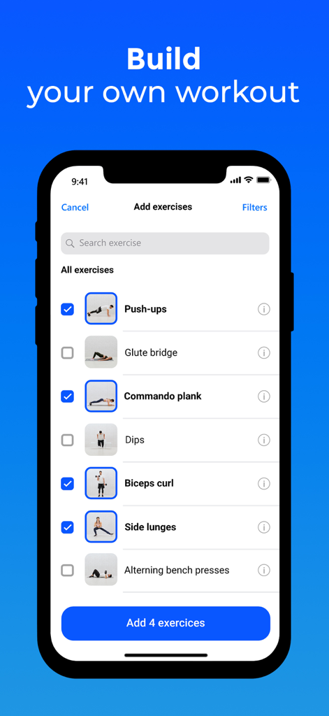 FizzUp - Workouts & Nutrition - Smartphone screen showing the FizzUp app feature to build a custom workout by selecting from a list of exercises.