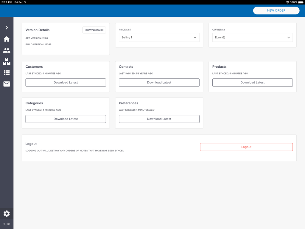 SalesRep by Aphix - SalesRep by Aphix dashboard screen showing data synchronization options for customers products and categories