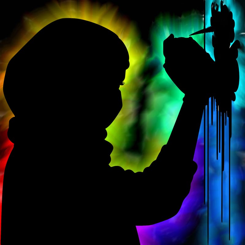 realistic girl with mask spray painting a wall