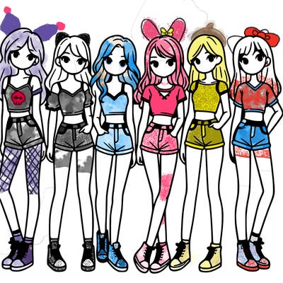 a group of girls wearing crop tops and shorts