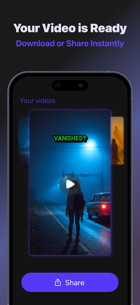 AIリールメーカーアプリのインターフェース。共有準備完了の生成されたシネマティック動画を表示。