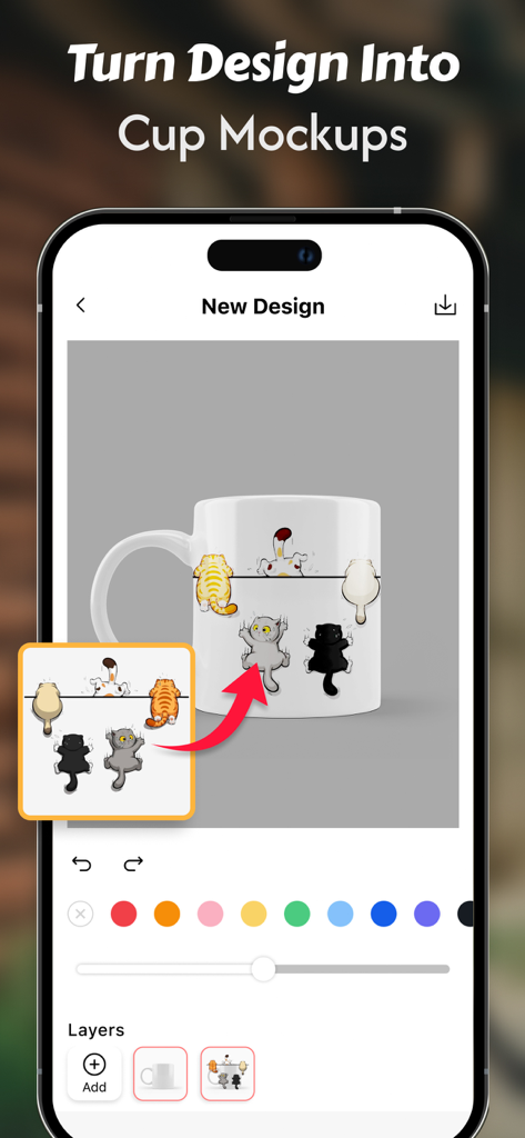 Mobile app interface for creating custom cup mockups with cat designs