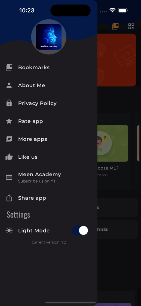 Side navigation menu of the Learn Machine Learning app showing settings and bookmarks.