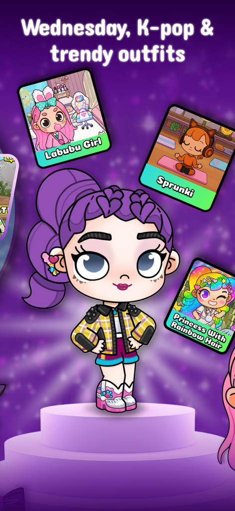 Avatar World - Cute Game Mods - Un avatar de chica linda con cabello morado y ropa de moda de la aplicación de mods de juegos Avatar World