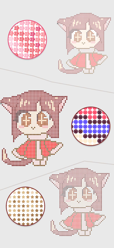 Three variations of an anime cat character showing different digital cross-stitch patterns including flowers, circles, and stars.