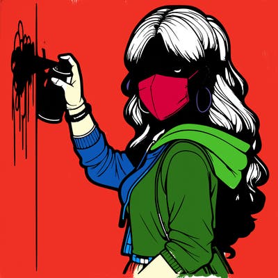 realistic girl with mask spray painting a wall