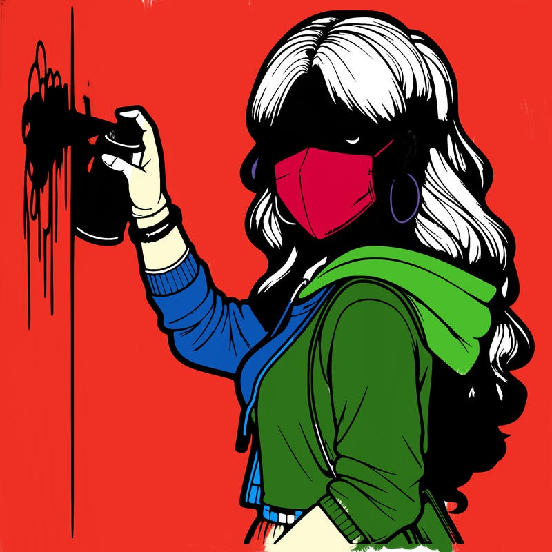 realistic girl with mask spray painting a wall