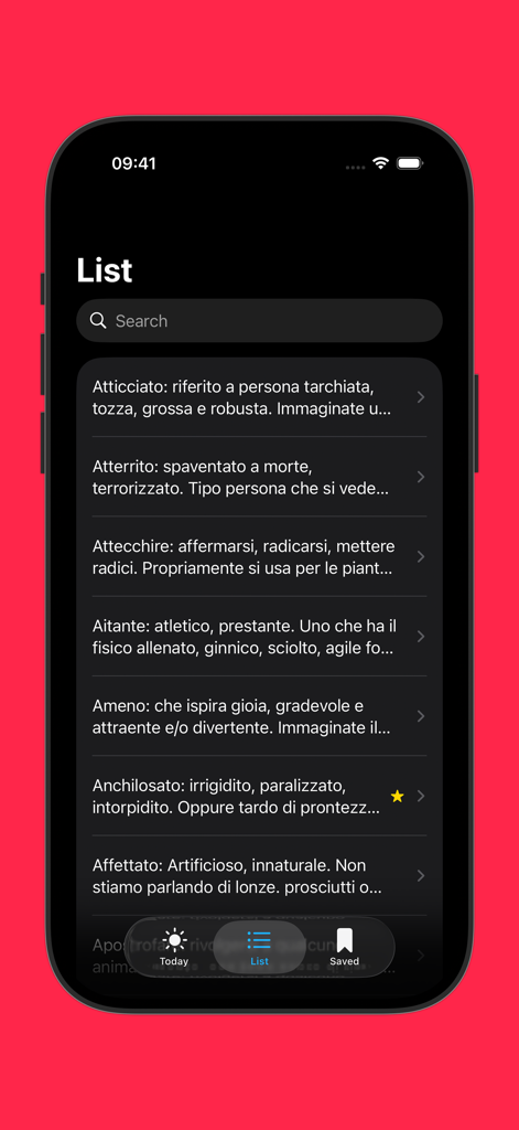 Wordapp - Liste de vocabulaire Wordapp sur iPhone montrant les définitions des mots en italien