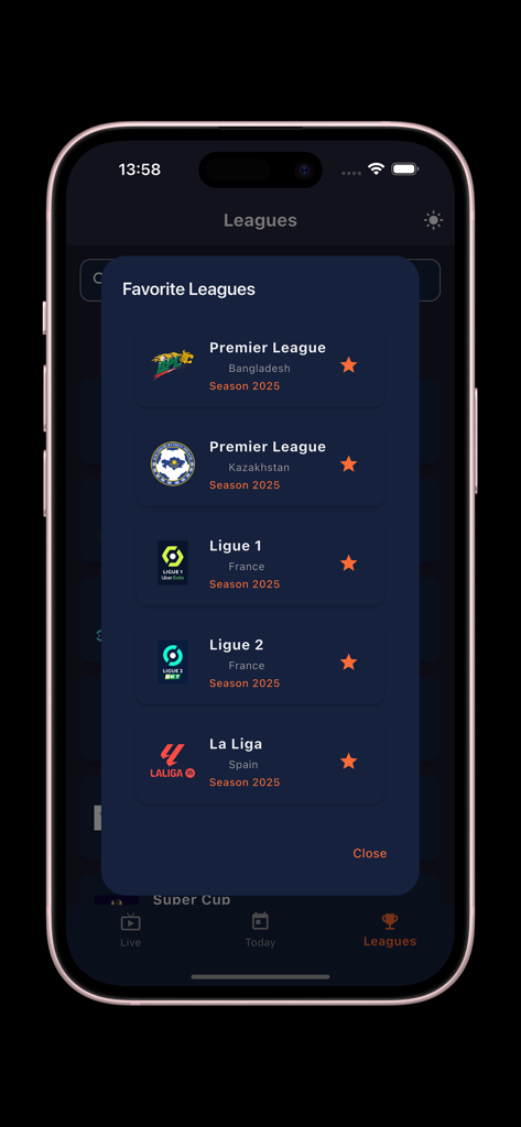 Écran de l'application Yacine TV montrant une liste des ligues de football préférées, y compris La Liga et la Ligue 1.