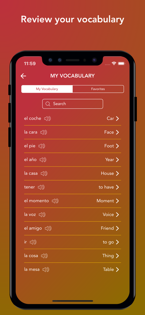 Tobo: Learn Spanish Vocabulary - A list of Spanish words with English translations and audio icons displayed on the My Vocabulary screen of the Tobo app.