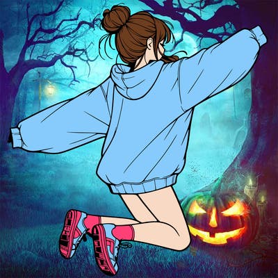 realistic girl jumping with a bun and oversized sweatshirt