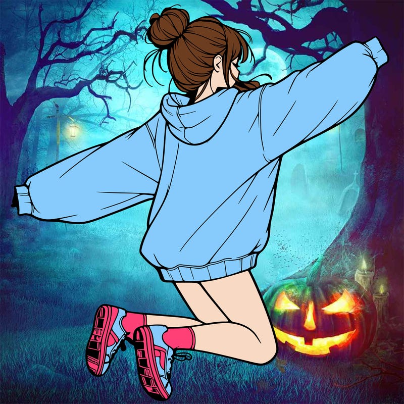 realistic girl jumping with a bun and oversized sweatshirt
