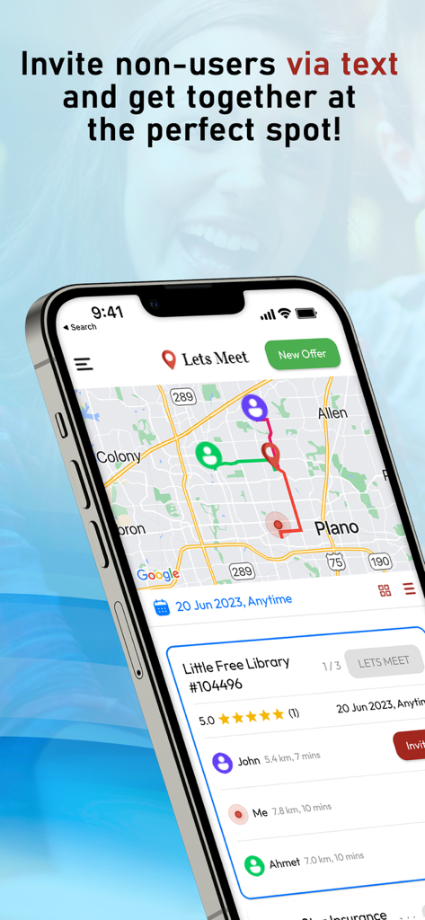 Vista de mapa en la aplicación Lets Meet que muestra tiempos de viaje y un punto de encuentro común para amigos.