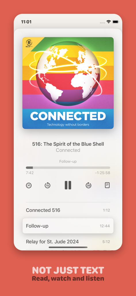 Podcast player interface in the Reeder app showing an episode from the Connected tech podcast