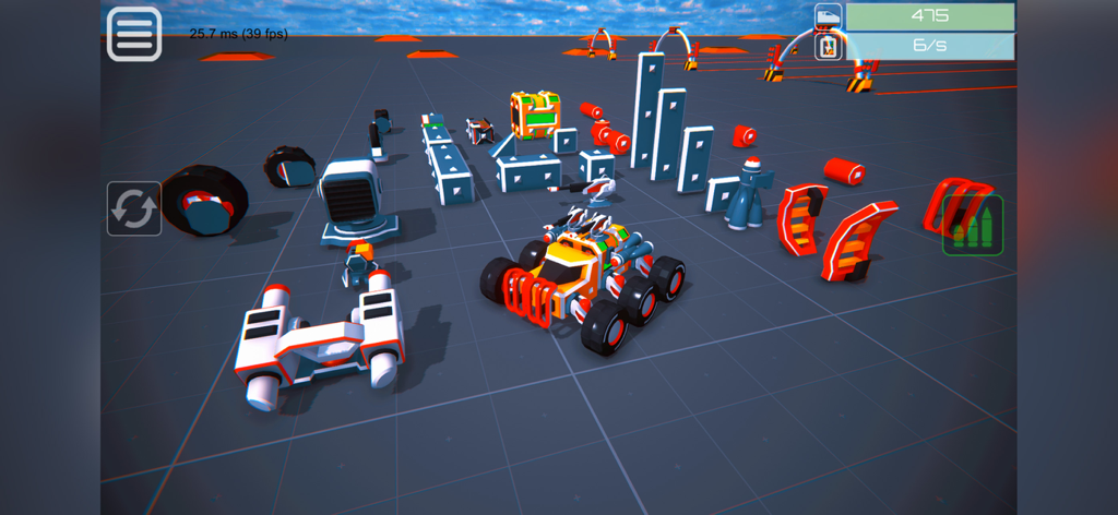 Menu en jeu montrant divers blocs et pièces pour construire une voiture de combat personnalisée