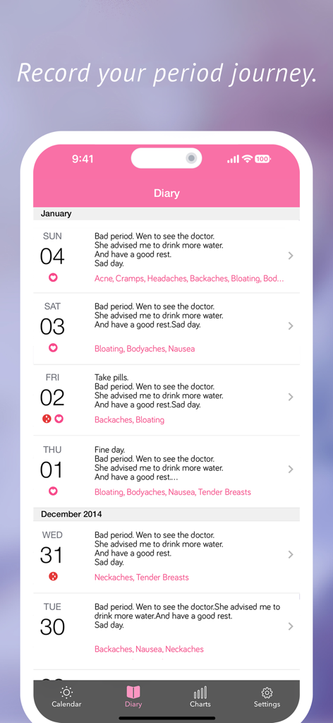 Monthly Cycles - A diary interface of the Monthly Cycles app showing a daily log of menstrual symptoms and personal notes
