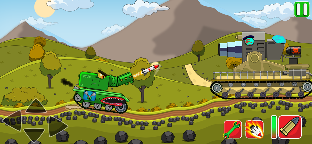 A green custom tank fighting a large boss tank in a 2D battlefield