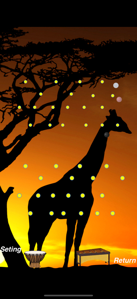 Physics-based generative music app interface featuring a silhouette of a giraffe in an African savanna at sunset.